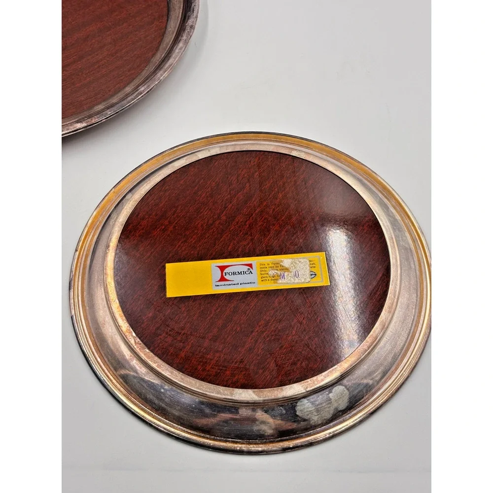 Vintage Crescent Silverplate Formica Coaster Set Wood Grain Bar Trays MCM